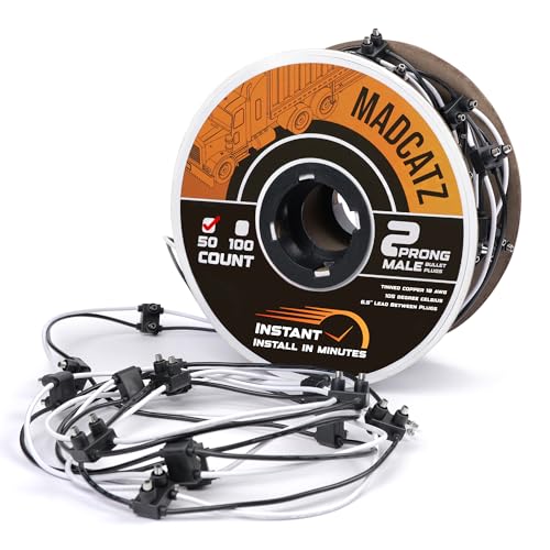 MADCATZ 50 Counts 18AWG Double Male Bullet Plug 2-Prong Continuous Wire Harness Roll - 6 Inch Lead Between Plugs, Side Marker Lights, Truck, Trailer, RVs