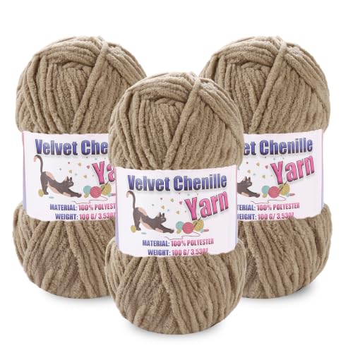 Image of 3 * 100g /3.5oz Fluffy Chenille Yarn for Crocheting, Chunky Velvet Yarn for Crochet Amigurumi, Used for Making Baby Yarns Blanket, Clothes, Pattern Knitting Creations (3- Khaki)