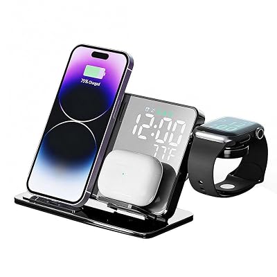 GARCIX 4-in-1 Wireless Charger with Alarm Clock, 15W Fast Charging, Mirror Finish, Compatible with iPhone, AirPods, and Apple Watch