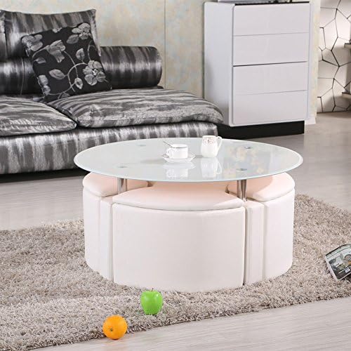 Designer White Round Glass Coffee Tea Table And 4 Seater Storage Stools White Amazon Co Uk Home Kitchen