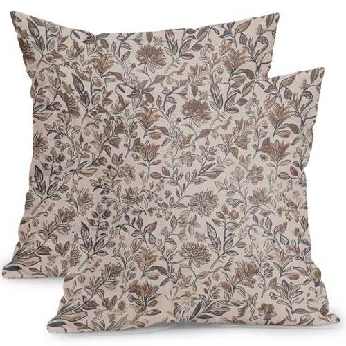 Vintage Floral Pillow Covers 18x18 Inch Set of 2 Antique Flower Block Print Throw Pillow Covers Brown Neutral Traditional Square Cushion Case Decoration for Couch Home Decor