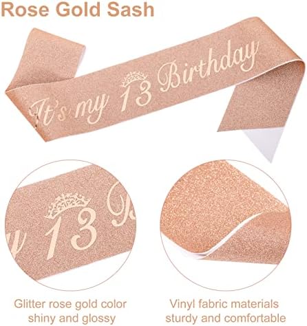Dacitiery 13th Birthday Decorations for Girls, Rose Gold 13th Birthday Sash, Tiara, Candles, Balloons, Cake Toppers, Gifts for 13 Year Old Official Teenager Birthday Party Supplies
