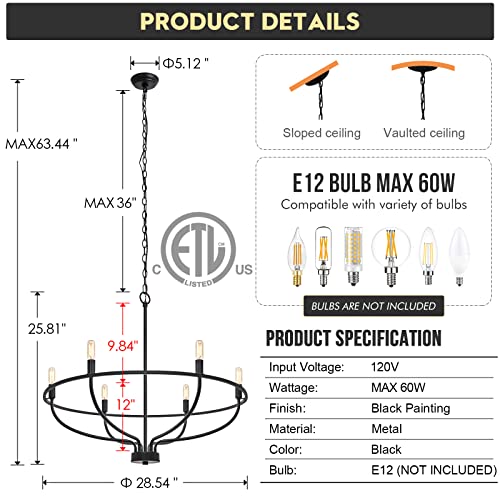 6-Light Black Chandelier Light Fixture Industrial Candle Chandelier Dining Room Chandelier Over Table For Bedroom, Living Room，Kitchen,28.54In, E12,P09-6B1 #TOP3