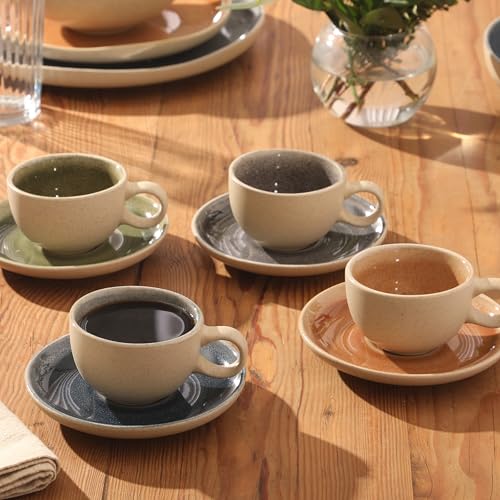 Image of Gibson Elite Manila Bay 8-Piece Stoneware 5 oz Cup and Saucer Set, Reactive Glaze Espresso & Coffee Cups with Saucers, Assorted Colors