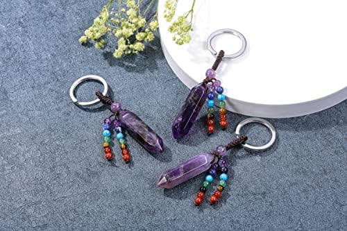 JSDDE Amethyst Crystals Keyring Healing Crystal Gemstone Bead Hexagonal Point Keychain Key Ring Charm for Women Men