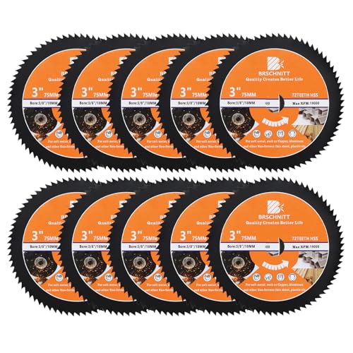 HSS Circular Saw Blade 3inch - BRSCHNITT 10pcs 72T 10mm Bore Cutting Discs for Wood, Copper, Aluminum, Plastic and Soft Metal