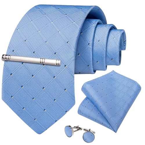 Image of DiBanGu Mens Silk Plaid Tie and Pocket Square Set | Elegant Silk Formal Tie Set, Woven Check Necktie and Cufflinks Tie Clip Set, Perfect for Wedding Party, Comes in Gift Box