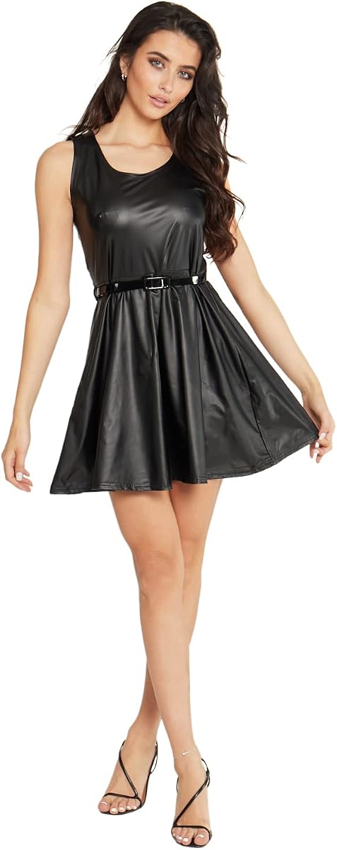 VR7 Womens Wetlook Sleeve Less PVC Leather Dress Ladies Bodycon Tunic TOP Size 8-26