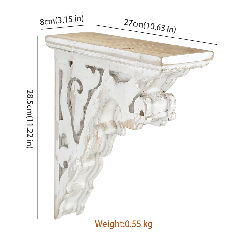 Set of 2 Corbels for Shelves Wood Corbels Decorative,L10.63 x W3.15 x H11.22 Inch, Shelf Brackets Wooden Vintage Shelf Farmhouse Decor(White)