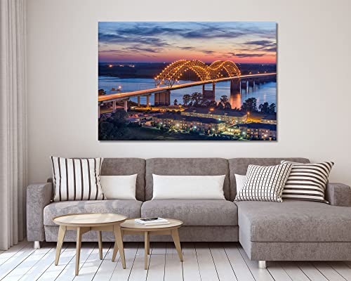 Memphis Skyline At Dusk Wall Art, Framed Prints Tennessee Cityscape Canvas Wall Decor, Hernando De Soto Bridge Picture Us City Night View Painting Poster Ready To Hang(36X24 Inches) #TOP1
