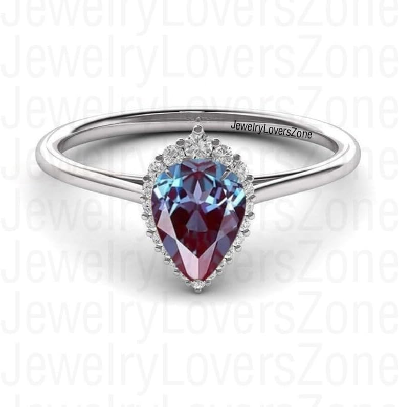 Teardrop Alexandrite Ring | Pear Cut Sterling Silver June Birthstone Engagement, Promise, Anniversary Ring | 6x8mm Lab Alexandrite | Valentine's Day Gift