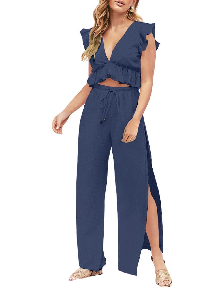 FANCYINN Womens 2 Pieces Outfits Deep V Neck Crop Top Side Slit Drawstring Wide Leg Pants Set Jumpsuits