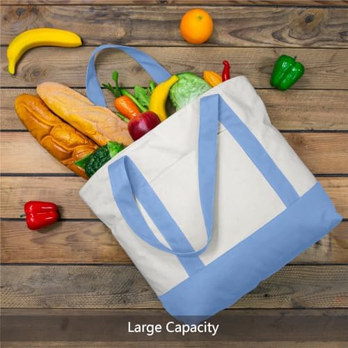 TOPDesign 30-Pack Canvas Tote Bags with an External Pocket, Reusable Grocery Shopping Bags, Top Zipper Closure, Daily Essentials (Light Blue/Natural) - 3