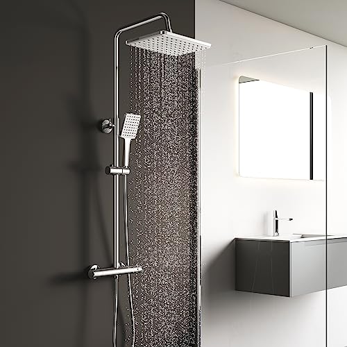 KOMIRO Colonne de Douche Thermostatique, Colonne de Douche avec Mitigeur Hauteur Réglable, Pomme Douche de Tête 260 x 190mm, Ensemble de Douche pour Salle de Bain, Carré, Chromé