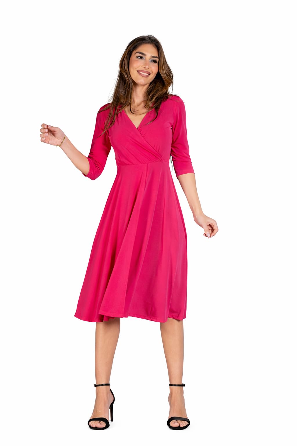 Julie d Orleac Vestido Mujer Midi Escote Pico Cruzado – Manga Francesa, Punto de Seda, Corte Debajo del Pecho, Elegante, Fabricado en España