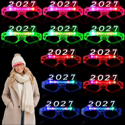 Itoyx 12Pcs 2027 LED Light up Glasses New Year Glow in the Dark Party Supplies LED Glasses Colorful Flashing Fancy Party Eyeglasses for Kids Adult Favors Decorations (2027 Glasses)