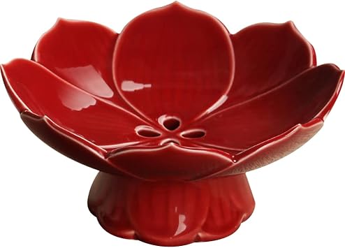Pedestal Fruit Bowl Centerpiece Decorative Compote Footed Bowl Ceramics Dessert Serving Bowl Tray Display Stand Lotus Drain Plate for Kitchen Counters for Fruits Breads Snacks Red