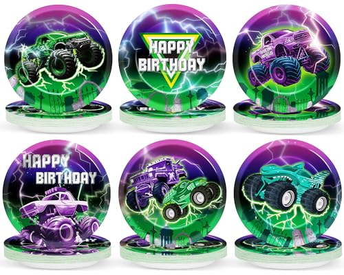 60 platos de papel para fiesta de camión monstruo verde y morado para fiesta de cumpleaños de camión monstruo, 9 pulgadas, vajilla desechable con temática de coche de carreras para niños, suministros