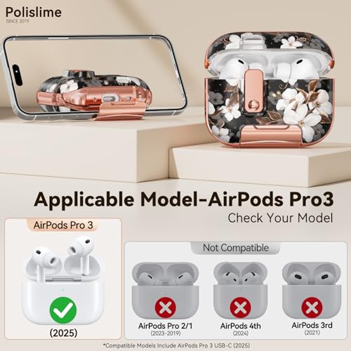 Image of for Apple AirPod Pro 3 Case 2025 with Lock,Clear TPU Floral AirPod Pro 3 Generation Case Cover for Women Girly, iPod Pro 3 Cases with Keychain & Cleaner Kit- Black Gold Flower