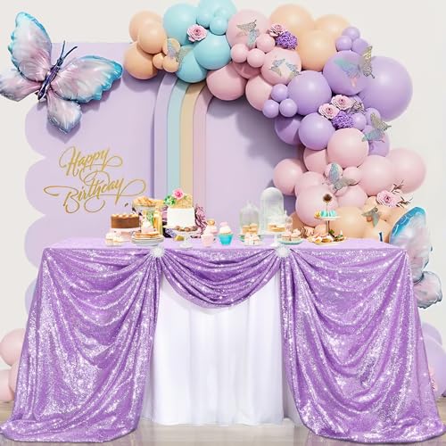 Image of B-COOL Sequin Tablecloth Rectangle Tablecloths Lavender Shiny Table Skirt Sweet Birthday Cake Events Table Linens-90x156inches