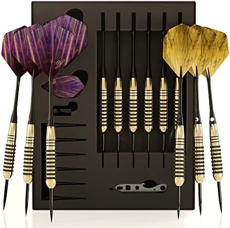 CC-Exquisite Premium Steel Tip Darts Set - Professional Darts, Brass Barrels, Metal Tip Darts, Extra Flights, (12) Aluminum Shafts 35/48, O-Rings, Dart Tool, Dart Sharpener, Darts Case.