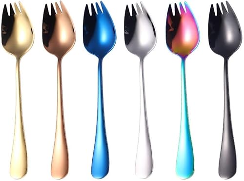 Miniatura 8 de Tenedores de ensalada 2 en 1 de acero inoxidable de 6.5 pulgadas, cucharas de postre de mango largo, cucharas de cena, aperitivos de frutas,