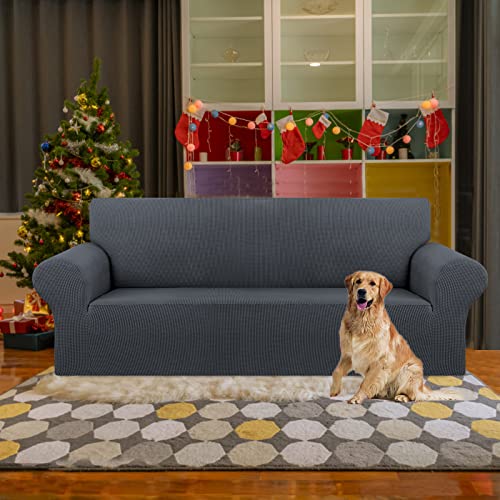 KEKUOU Stretch Sofa Cover Slipcover ,Couch Covers for 3 Cushion Couch Sofa pet Friendly (78"-94") Furniture Protector Sofa with Elastic Bottom for Kids,Dog, Jacquard Small Checked(Large,Charcoal)