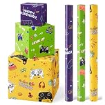 WERNNSAI Gaming Wrapping Paper Rolls - 3 Rolls 43 x 305cm Birthday Wrapping Paper Rolls Video Game Wrapping Paper Kids Boys Wrapping Paper Rolls Green Yellow Purple Gift Wrapping Paper with Cut Lines