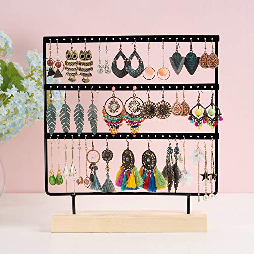 Earring Stand 3-Tier Earring Holder 72 holes Ear Stud Holder Diaplay Rack Jewelry Oraganizer Jewelry Stand with Wooden Tray for Hanging Earrings Bracelet Rings (black) - Thumbnail 4