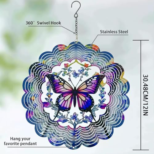 Wind Spinners Outdoor Hanging, 12 * 12 Inches,Stainless Steel Hanging Butterfly Butterfly Decorations,Great for Adding an Accent to The Garden Yard/Indoor/Outdoor/Garden（1pcs）
