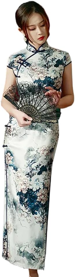 LIXINGHEITANG Autumn Ice Silk Qipao Cheongsam Dress Three-Quarter Sleeves Long -Button Double-Layer Chinese Style