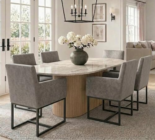 Image of HNY Mid Century Modern Upholstered Dining Chairs with Arms Set of 6, Faux Leather Accent Chairs with Black Finish Metal Frame, 19'' Wide Arm Chairs for Living Room Kitchen Bedroom, Grey