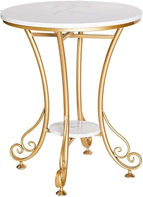 ZHIRONG Marble Sofa Side Table Living Room 2-Tier Save Space Corner Table Bedroom Golden Wrought Iron Bedside Table Balcony Round Coffee Table, 50x61CM (Color : White)