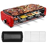 JINJUNYE Raclette Table Grill, All-Metal Design Electric Grill Indoor, Serve with 3-in-1 Smokeless Non-stick Plate, Temperature Control & Dishwasher Safe, 8 Cheese Pans, 1500W