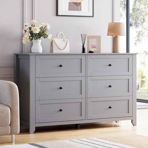 GAOMON 6 Drawers Dresser for Bedroom, 53.9" W Farmhouse Wood Dressers & Chest of Drawers for Clothes, Tall Storage Dressers Organizer with Deep Drawer