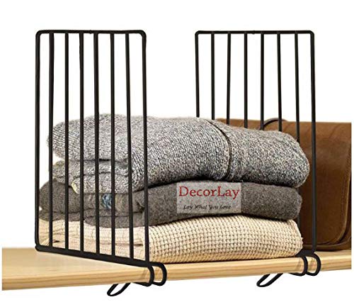 Decorlay Metal Wardrobe Removable Shelf Divider Cupboard Clothes Organizer, Shoes, Bags, Books Stackable Storage Saver Almirah Shelf Seperator | Color- Black (Pack of 6)