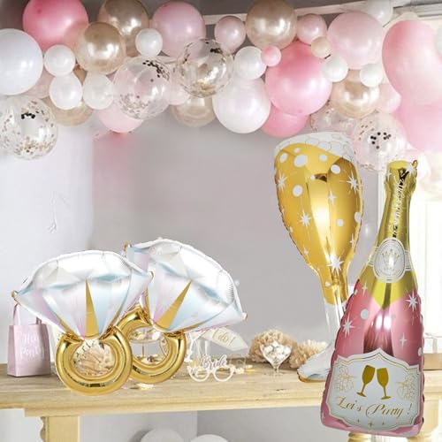 4 Pcs Bachelorette Balloons, Huge Rose Gold Champagne Bottle Diamond Ring Goblet Aluminum Foil Balloons for Bachelorette Party, Bridal Shower, Wedding, Engagement Party Decorations Supplies by BSRESIN - Used condition - Image 9