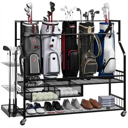 BouPower Golf Bag Storage Rack with Wheels, Golf Bag Storage