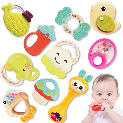 Baby Rattle Teething Toys for Babies 0-6-12 Months 10Pcs, Early Educational Infant Toys Gift Set for Boy Girl 3-6 Months, Newborn Sensory Toys Teether, Grab Shaker, Tummy Time Rattle with Storage Box