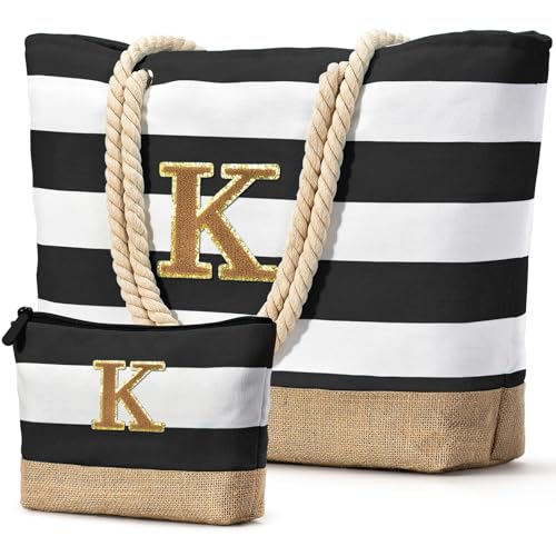 Becokan Bolsa de praia com inicial bolsa de praia com bolsa de maquiagem para viagem, trabalho, armazenamento, presentes de aniversário personalizados para mulheres, Preto