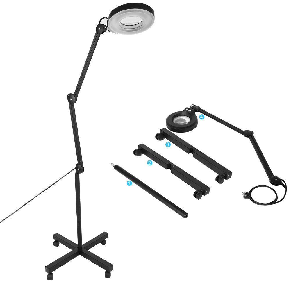 Wakects - Lámpara de trabajo con lupa (5 ledes, 5 dioptrías, base de polea móvil, apta para esteticianas, laboratorios y trabajo de precisión
