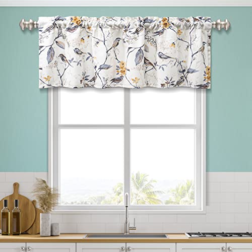Pocass Birds Flower Valance Curtain, 52" X 18" Watercolor Floral Kitchen Valance With 1" Header, Rod Pocket Window Valance For Kitchen Living Room, Grey #TOP1