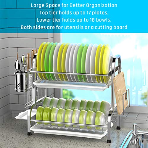 Dish Drying Rack, iSPECLE 304 Stainless Steel 2-Tier Dish Rack with Utensil Holder, Cutting Board Holder and Dish Drainer for Kitchen Counter