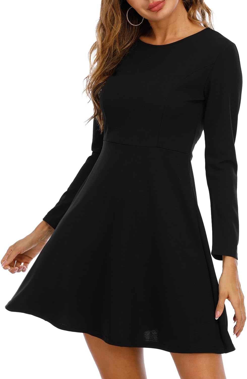 Jusfitsu Womens Long Sleeve Dress Casual Simple Dresses A-Line Knee Length Skirt Slim Fit Skater Dress