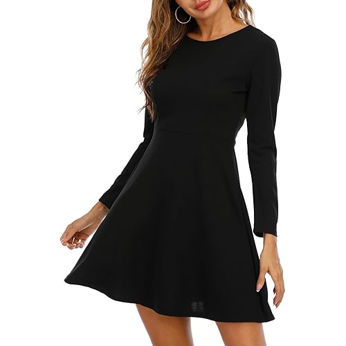 Jusfitsu Womens Long Sleeve Dress Casual Simple Dresses A-Line Knee Length Skirt Slim Fit Skater Dress