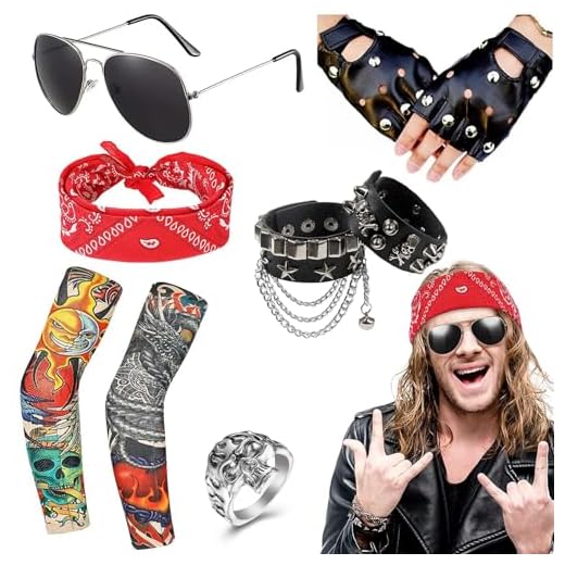 Hifot 8 Paquetes Disfraces de Rocker 70 80 90 Costumes Disfraz Hippies,Rockero Metal Pesado Accesorios con Guantes Gafas de sol Mangas de tatuaje Pulsera Cosplay