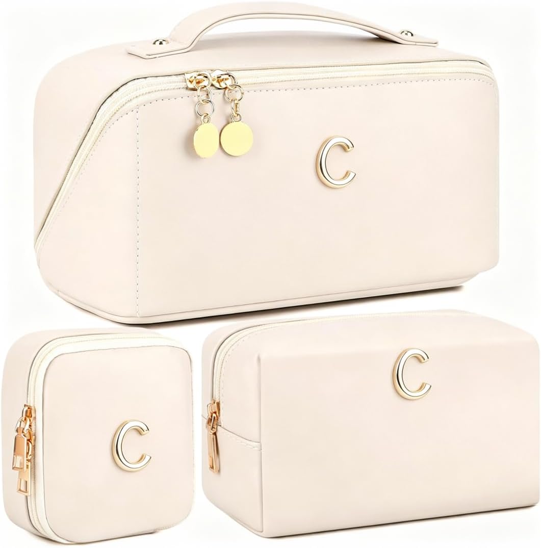 YOPCDJ Personalized Initial Makeup Bag for Women, Large Travel Cosmetic Case with Clear Divider and Handle, Open Flat Toiletry Organizer, Birthday Gift for Teen Girls (Off White-C)