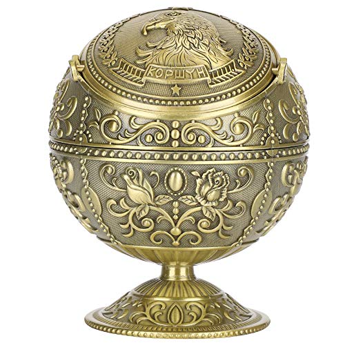 Vintage Windproof Ashtray with Lid Globe Eagle Embossment Pattern Metal Portable Ashtray Cigar Stand for Cigarettes Men Women Push Down Ashtray Smoking Ash Tray for Home Decoration