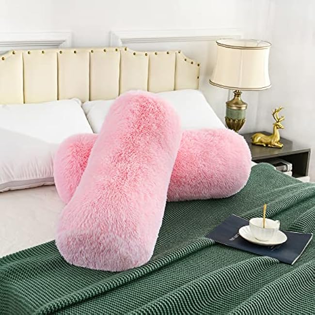 Jelymark Decorative Fluffy Throw Pillows for Room Sofa Bed, Fuzzy Body Pillow, Luxury Soft Faux Fur Round Long Couch Pillows for Reading Sleeping, Removable Pillow Cover and Inserts, Pink, 8x25 Inch