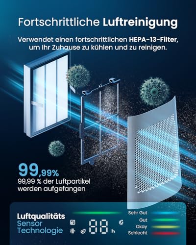 Pro Breeze OmniAir 105cm rotorloser Ventilator mit Luftreiniger - Ventilator oszillierend 75° - Fernbedienung, HEPA 13 Filter, LED Display, 10 Geschwindigkeiten - Turmventilator sehr leise, 5 Modi 3